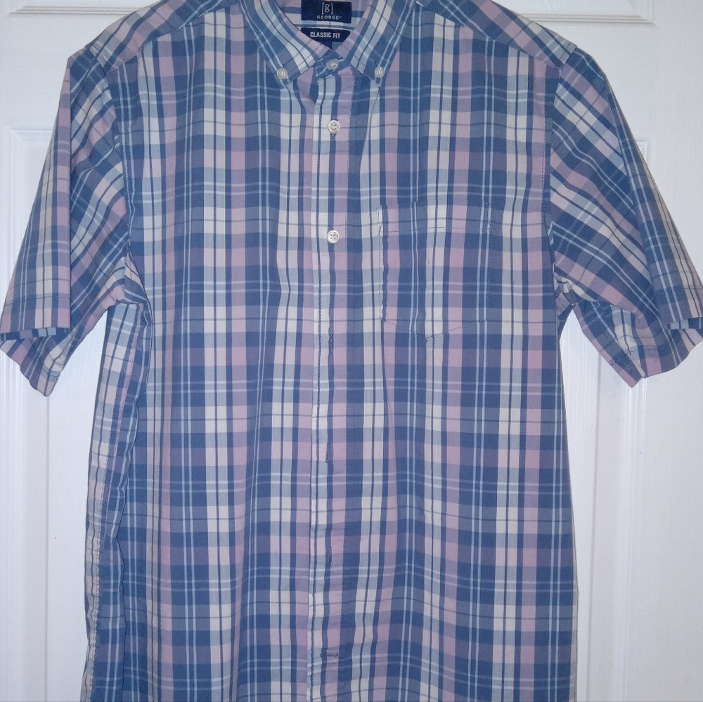 George men's M short sleeved button down pink and blue plaid